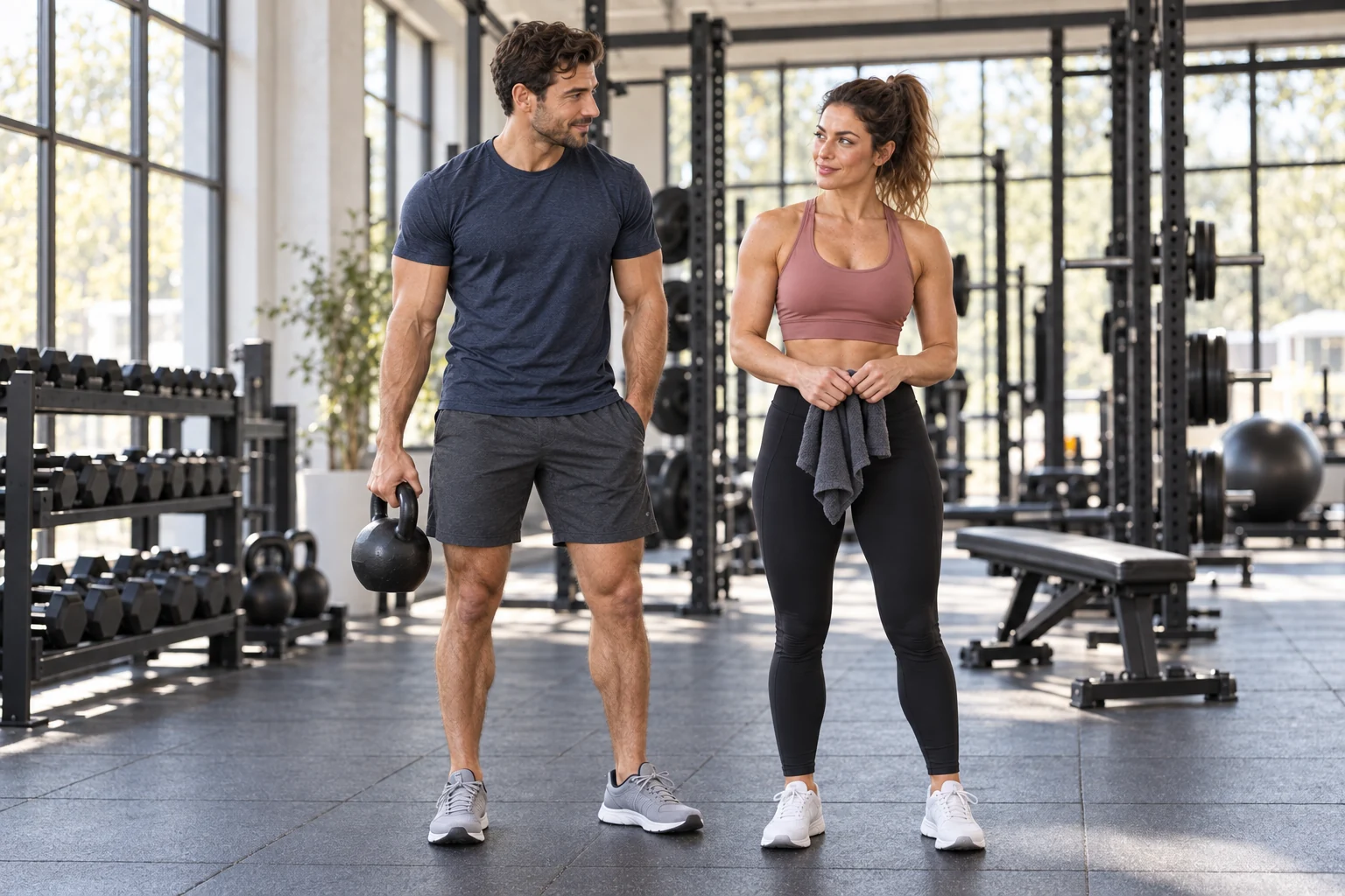 The two fitness models standing together in a gym