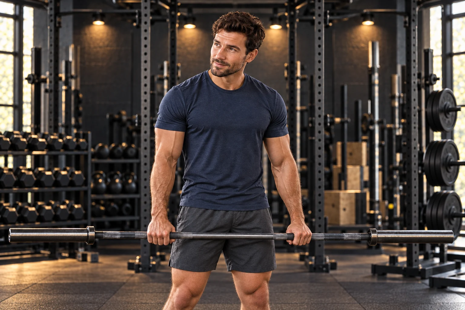 Male fitness model standing with a bar in a gym