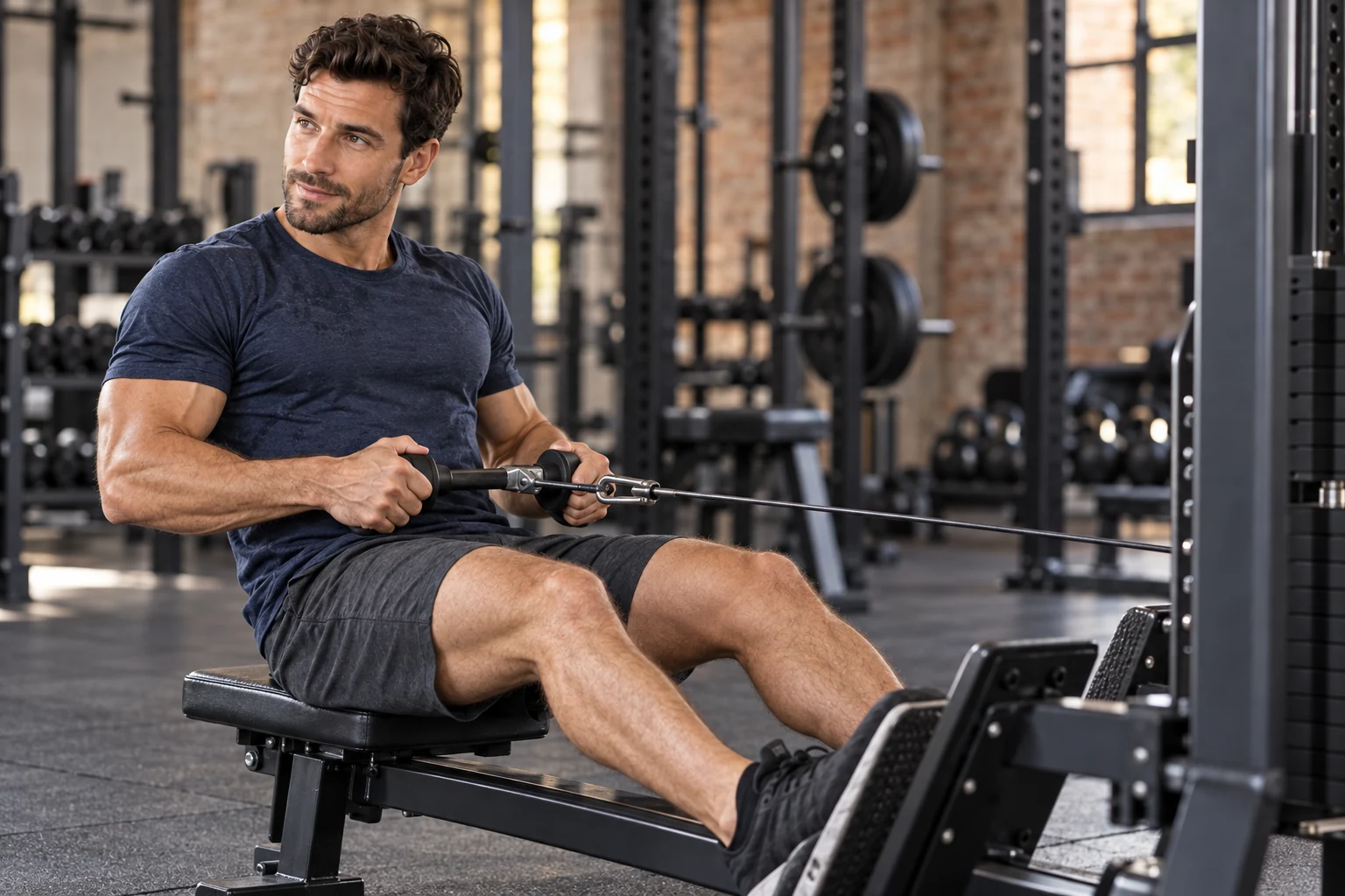 The male fitness model performing a seated cable row in a gym