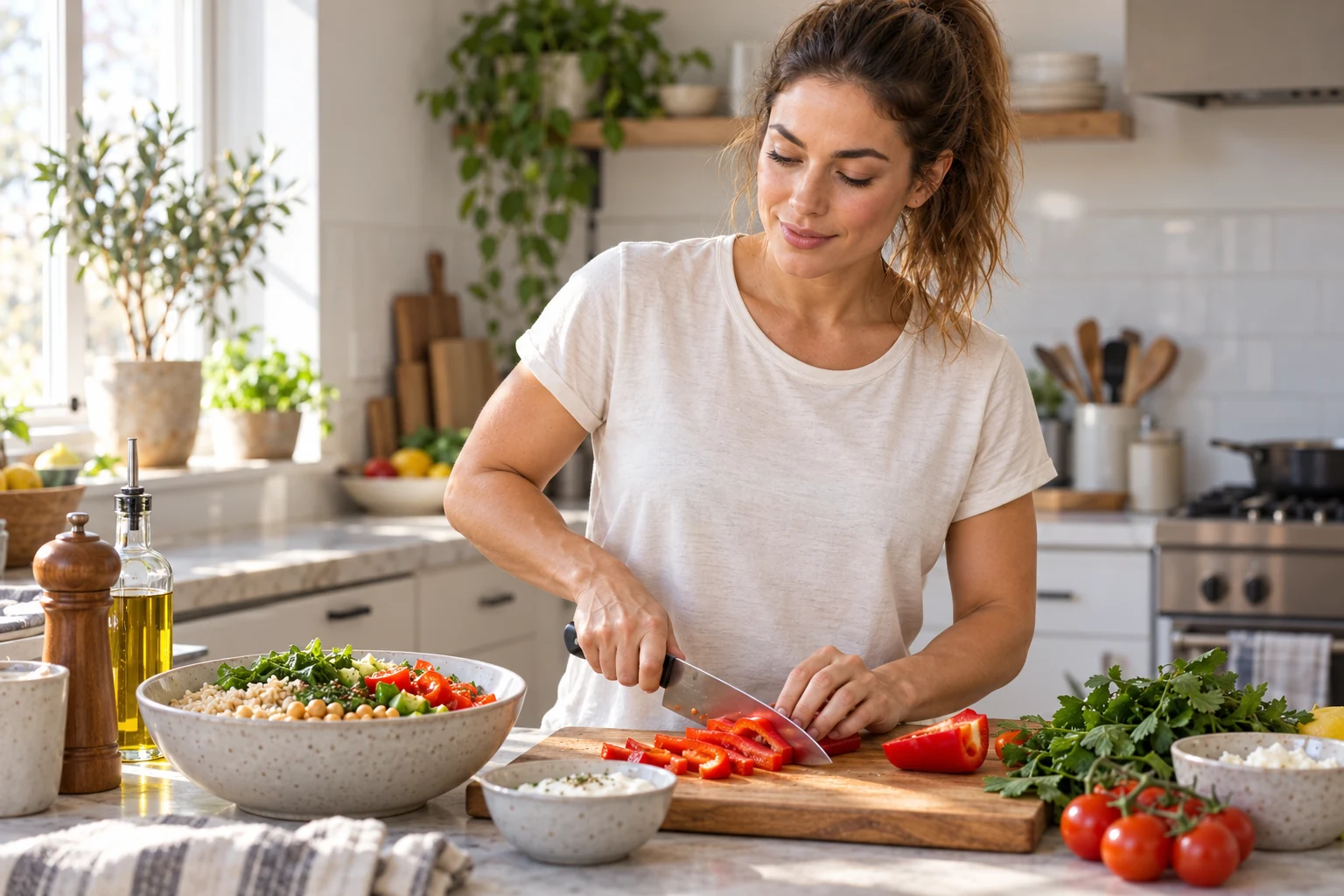 Female fitness model preparing vegetables for lunch in a kitchen