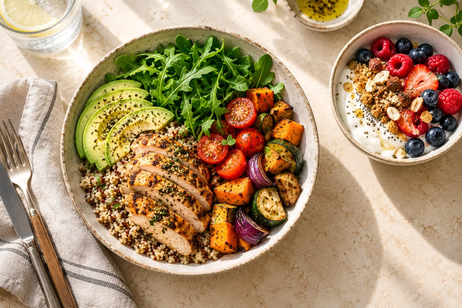A balanced meal with vegetables, protein and grains
